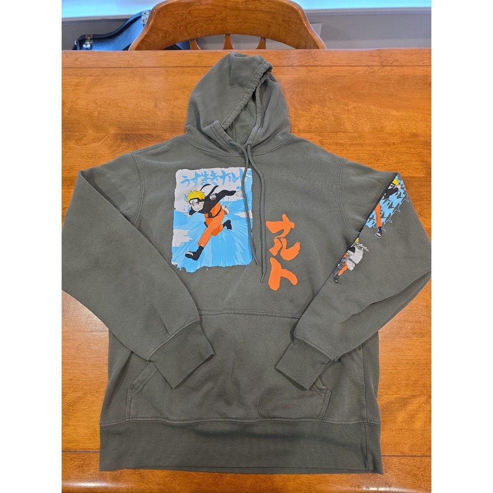Naruto Hoodie Mens Medium Green Shippuden Graphic Pullover Anime Naruto Uzumaki